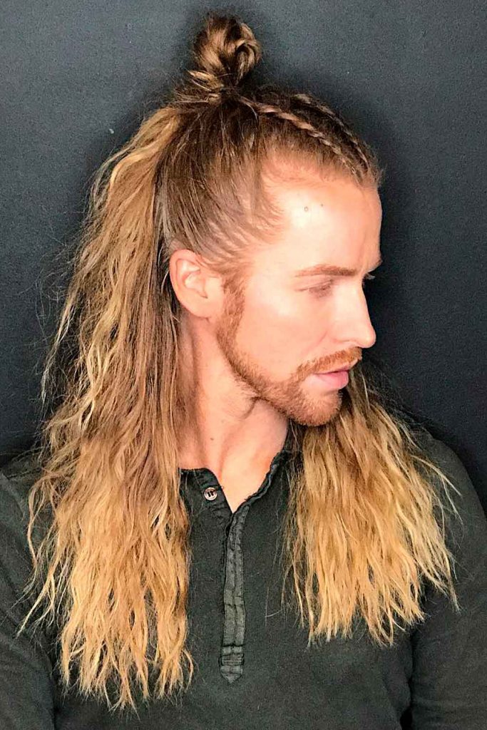 Half-Up Braided Bun Mens Long Hairstyles #longhairstylesformen #menslonghairstyles #longhairmen #menwithlonghair