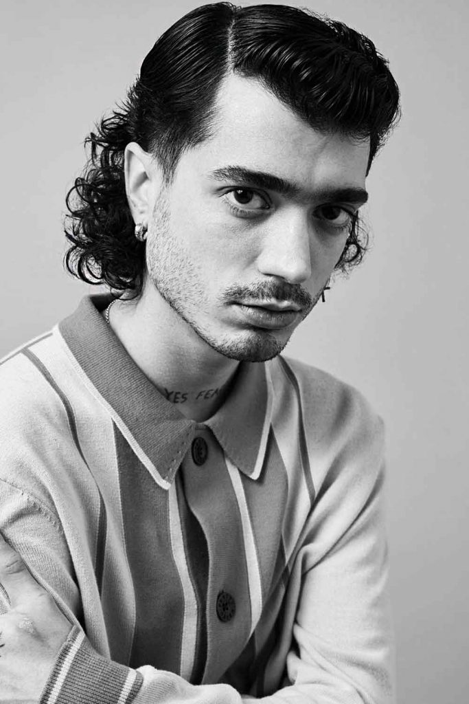 Slick Back With Parting Mens Longer Hair Styles #longhairstylesformen #menslonghairstyles #longhairmen